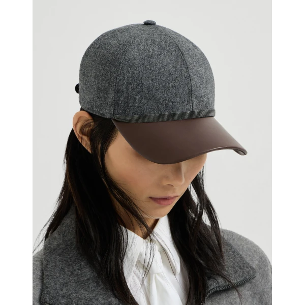 Brunello Cucinelli Flannel and nappa leather baseball cap in Dark Grey, view 3 | Hats | Luxury Shoes 
