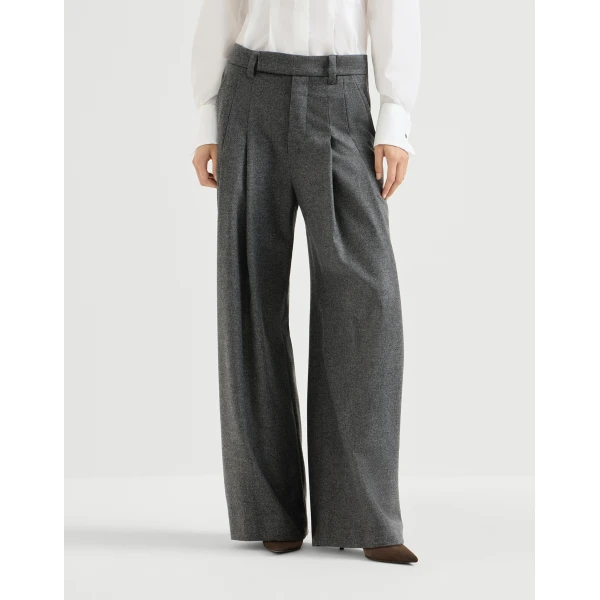 Brunello Cucinelli Flannel pleated barrel trousers in Stone Grey, view 2 | Pants | Luxury Shoes 