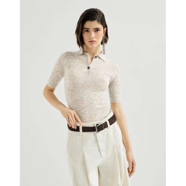 Brunello Cucinelli Flower lace knit polo in Fog