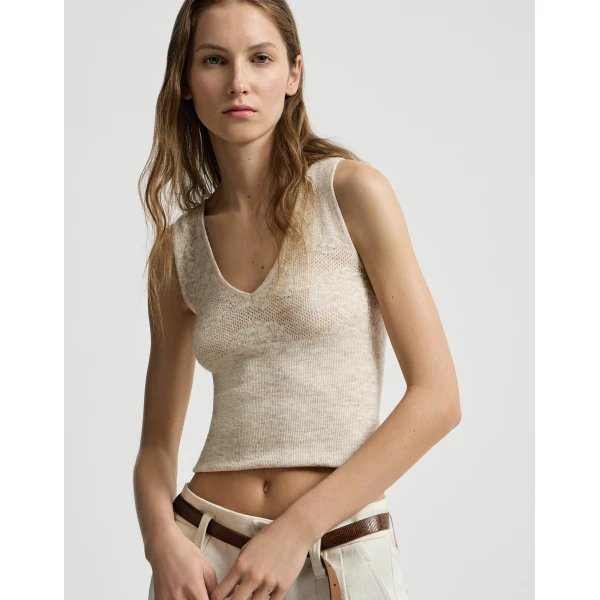 Brunello Cucinelli Flower lace knit top in Sand