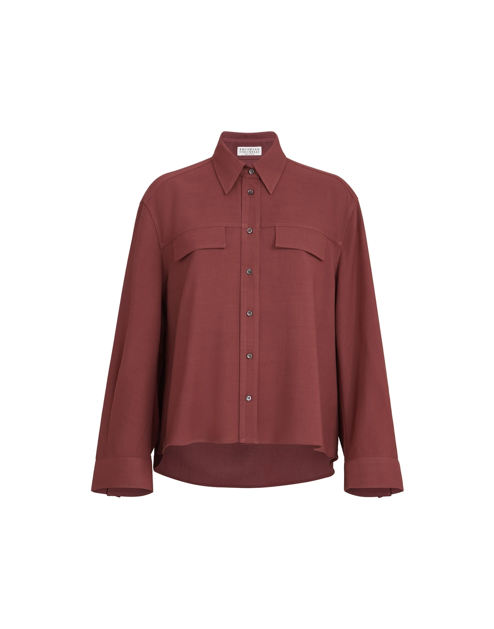 Brunello Cucinelli Fluid twill cropped shirt in Wine | Buy Tops at Luxury Shoes Brunello Cucinelli Fluid twill cropped shirt in Wine