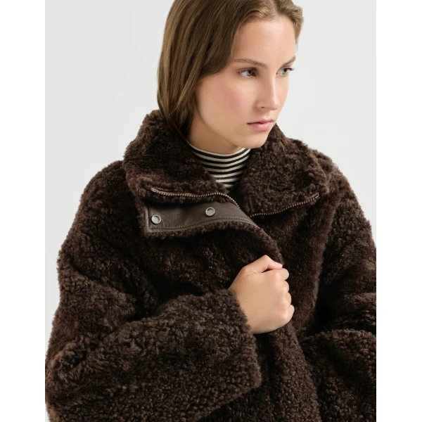 Brunello Cucinelli Fuzzy shearling outerwear jacket in Brown, view 4 | Shearling Jackets | Luxury Shoes 