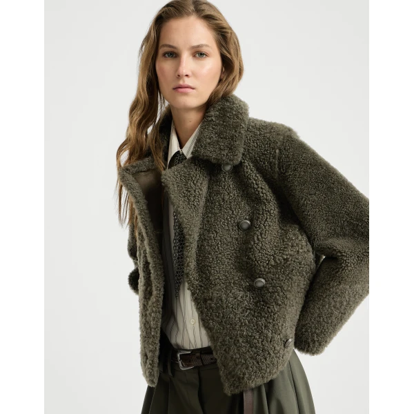 Fuzzy shearling pea coat in Green - Image 5