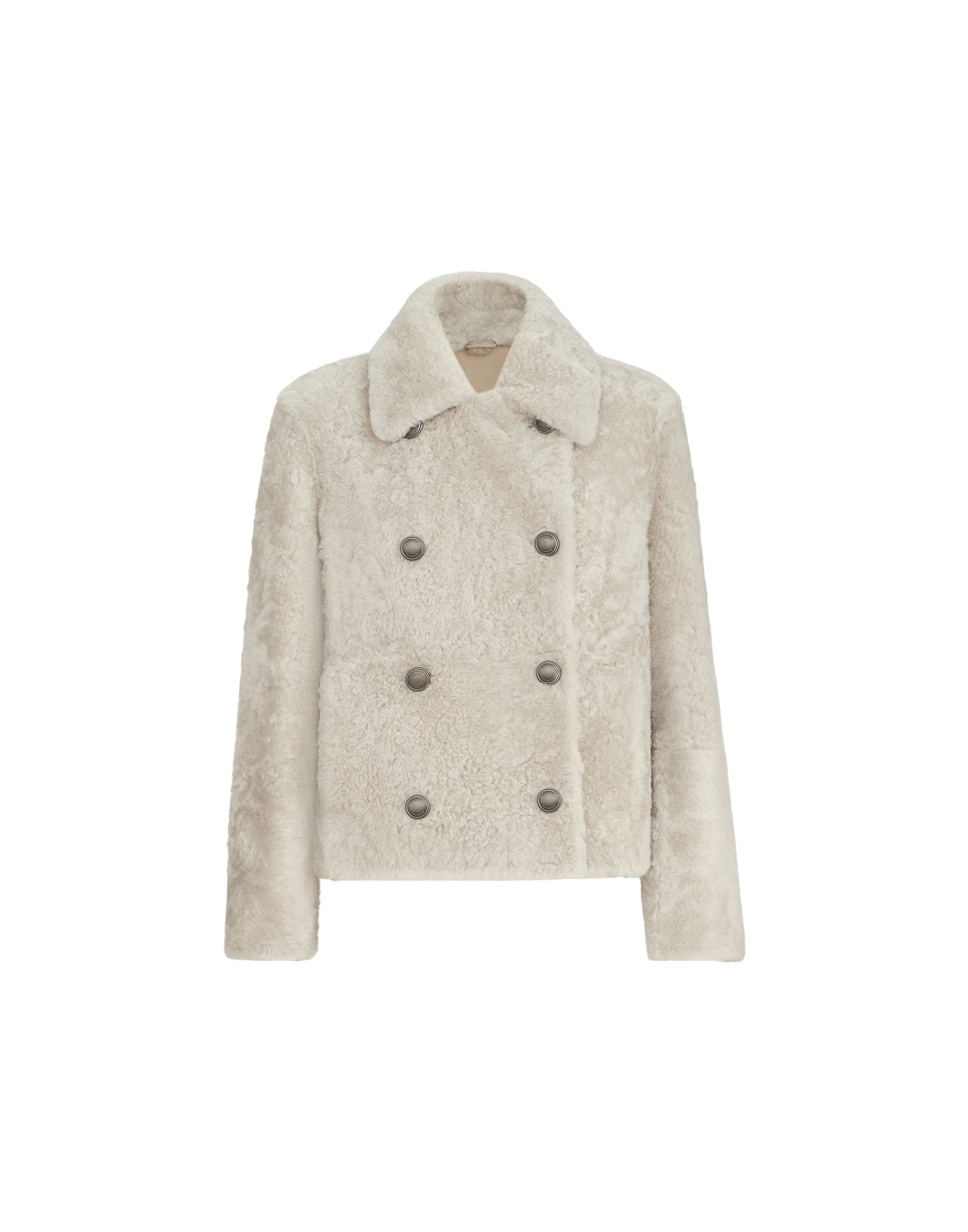 Brunello Cucinelli Fuzzy shearling pea coat in Ivory | Buy Coats at Luxury Shoes Brunello Cucinelli Fuzzy shearling pea coat in Ivory