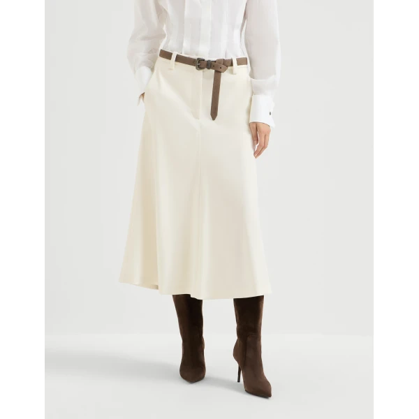 Brunello Cucinelli Gabardine flute skirt with monili in Milk, view 2 | Skirts | Luxury Shoes 