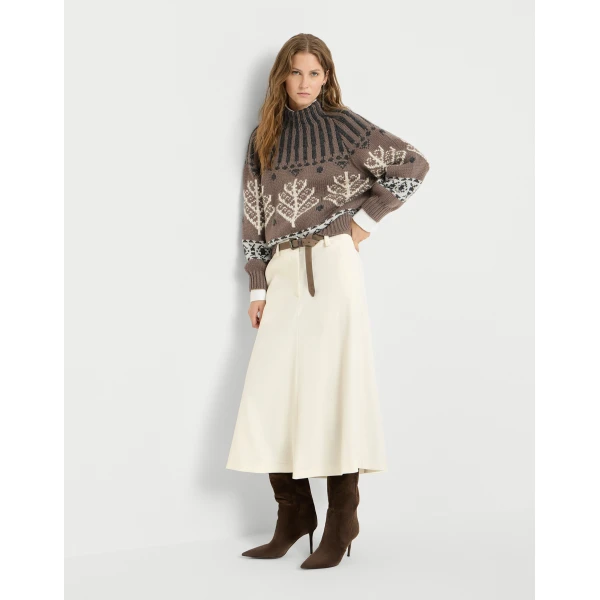 Brunello Cucinelli Gabardine flute skirt with monili in Milk, view 5 | Skirts | Luxury Shoes 