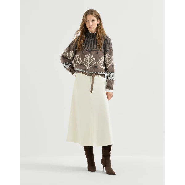 Brunello Cucinelli Gabardine flute skirt with monili in Milk, view 6 | Skirts | Luxury Shoes 