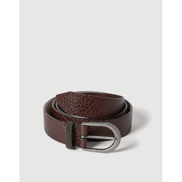 Brunello Cucinelli Glossy hammered calfskin belt in Brown, view 2 | Belts | Luxury Shoes 