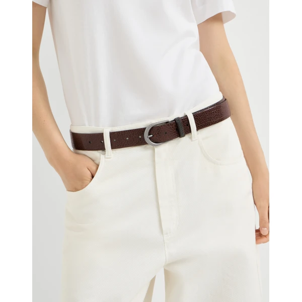 Brunello Cucinelli Glossy hammered calfskin belt in Brown, view 3 | Belts | Luxury Shoes 
