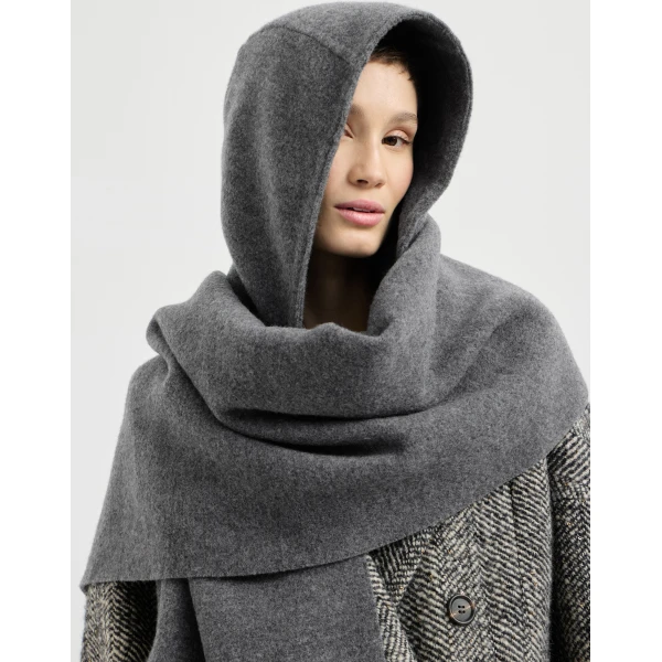 Brunello Cucinelli Hooded knit scarf in Medium Grey, view 2 | Scarves | Luxury Shoes 