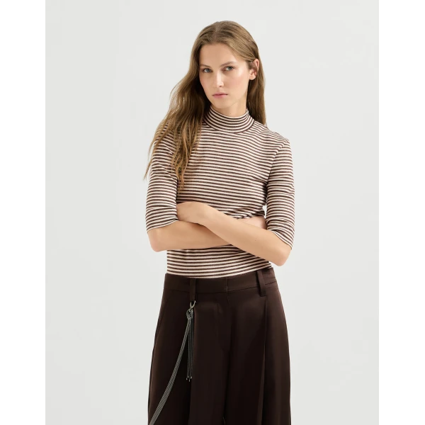 Brunello Cucinelli Jersey T-shirt with sparkling stripes in Brown, view 2 | Shirts | Luxury Shoes 