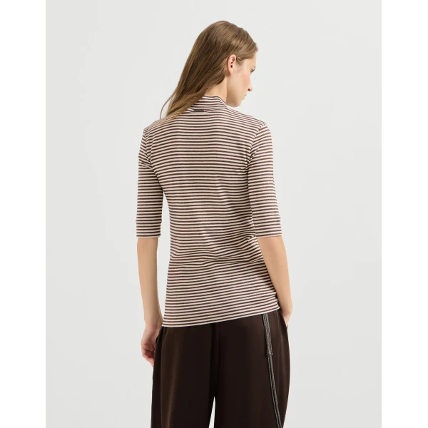 Brunello Cucinelli Jersey T-shirt with sparkling stripes in Brown, view 3 | Shirts | Luxury Shoes 