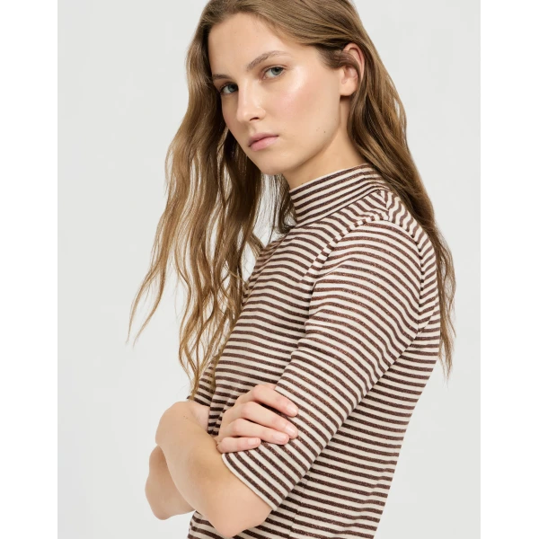 Brunello Cucinelli Jersey T-shirt with sparkling stripes in Brown, view 4 | Shirts | Luxury Shoes 
