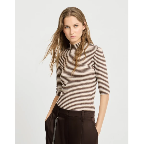 Brunello Cucinelli Jersey T-shirt with sparkling stripes in Brown, view 5 | Shirts | Luxury Shoes 