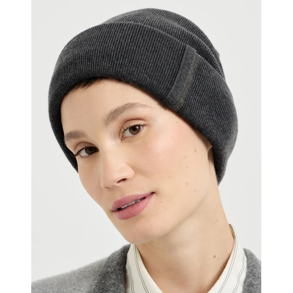 Brunello Cucinelli Knit beanie in Lignite Grey, view 3 | Hats | Luxury Shoes 