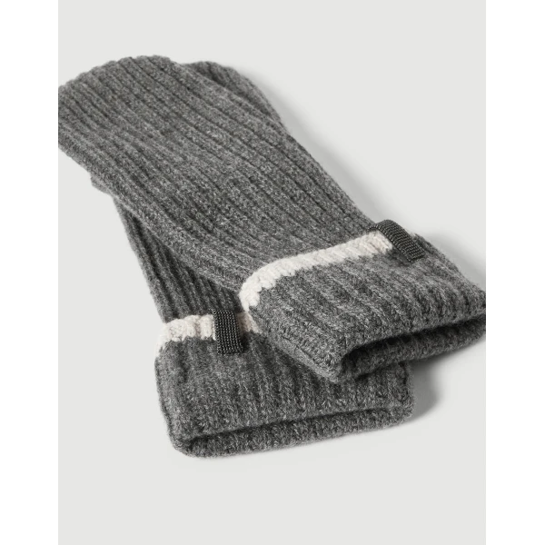 Brunello Cucinelli Knit mittens with monili in Lead, view 2 | Gloves | Luxury Shoes 