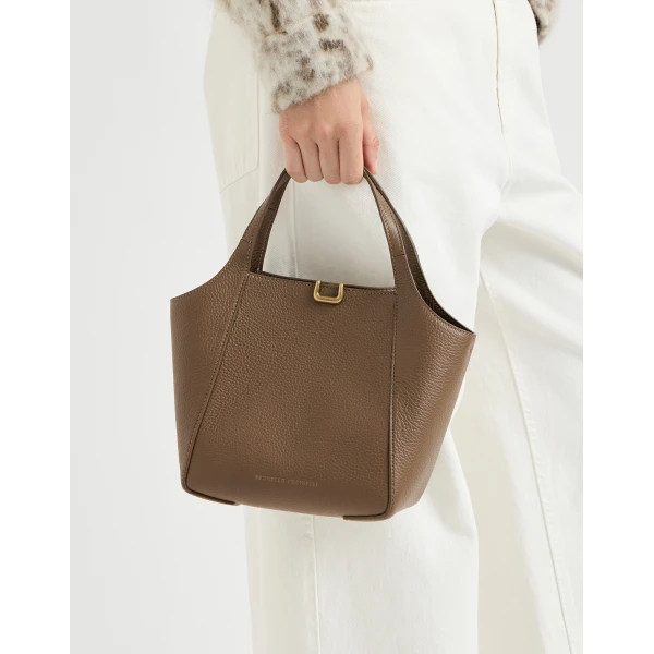 Leather sartorial small bucket bag in Mud - Image 4