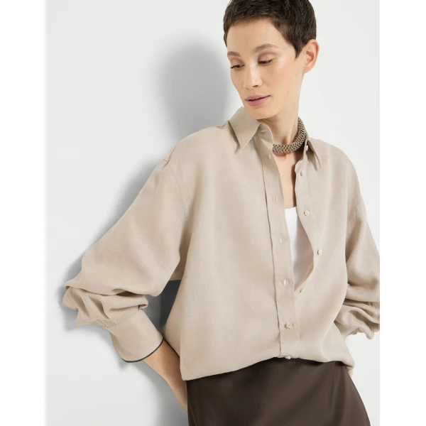 Brunello Cucinelli Linen shirt with monili in Beige, view 5 | Shirts | Luxury Shoes 