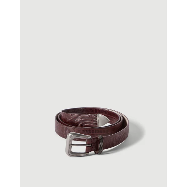 Brunello Cucinelli Lizard-effect calfskin belt in Burgundy, view 2 | Belts | Luxury Shoes 