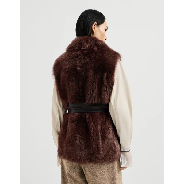 Lux shearling vest with belt in Burgundy - Image 3