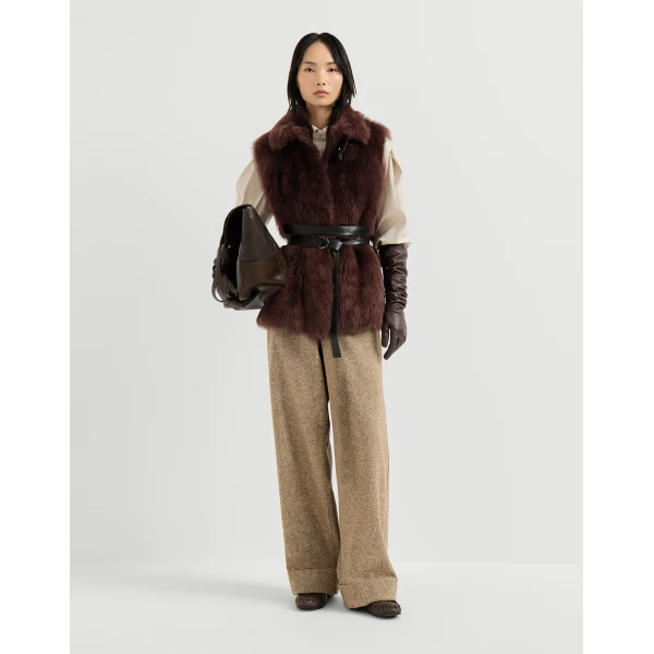 Lux shearling vest with belt in Burgundy - Image 6