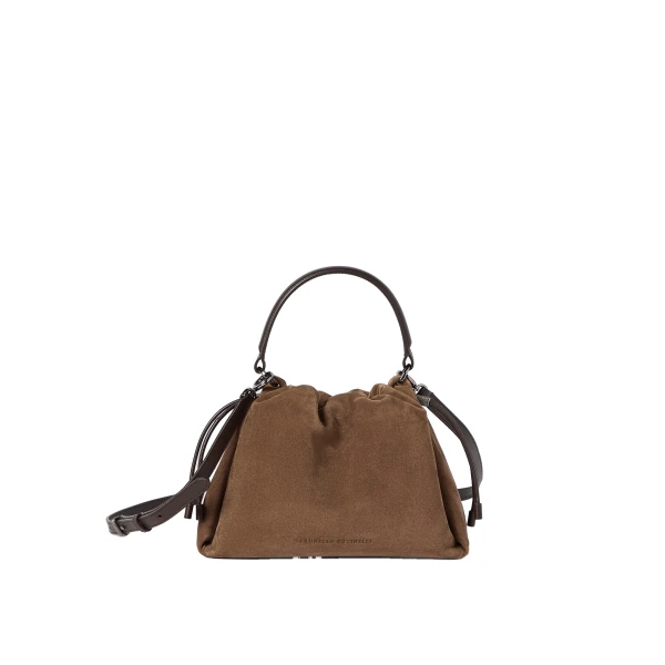 Brunello Cucinelli Mellow small bucket bag in suede in Caramel