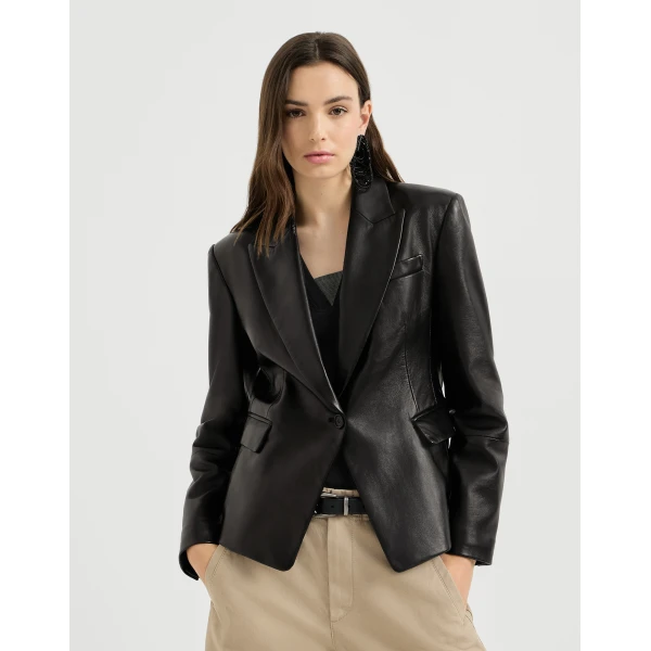 Nappa leather blazer with monili in Black - Image 2