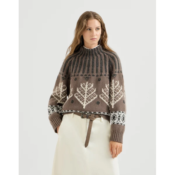 Brunello Cucinelli Nordic heritage high-neck sweater in Light Brown, view 2 | Sweaters | Luxury Shoes 