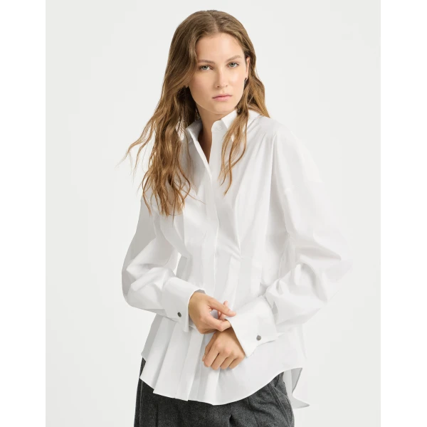 Brunello Cucinelli Poplin pleated shirt in White, view 2 | Shirts | Luxury Shoes 