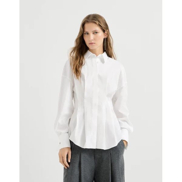 Brunello Cucinelli Poplin pleated shirt in White, view 3 | Shirts | Luxury Shoes 