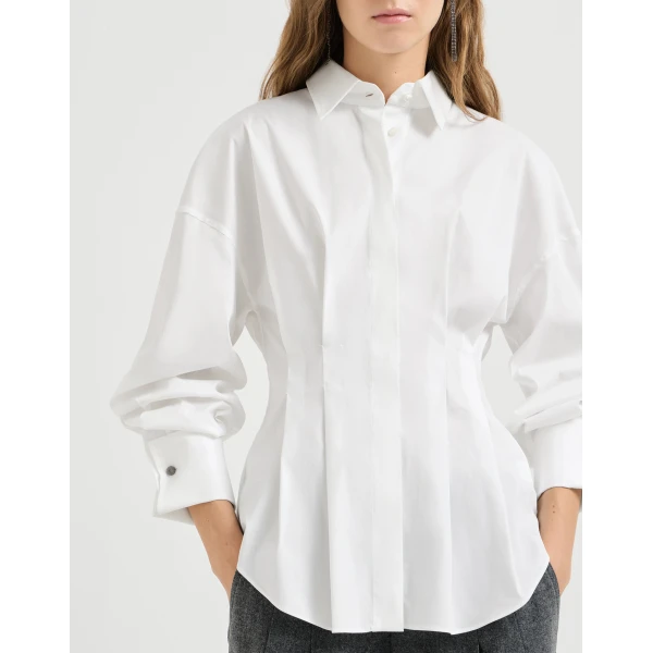 Brunello Cucinelli Poplin pleated shirt in White, view 5 | Shirts | Luxury Shoes 