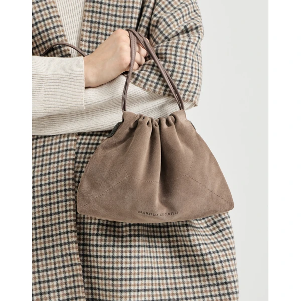 Pouch bag in suede with monili in Brown - Image 4
