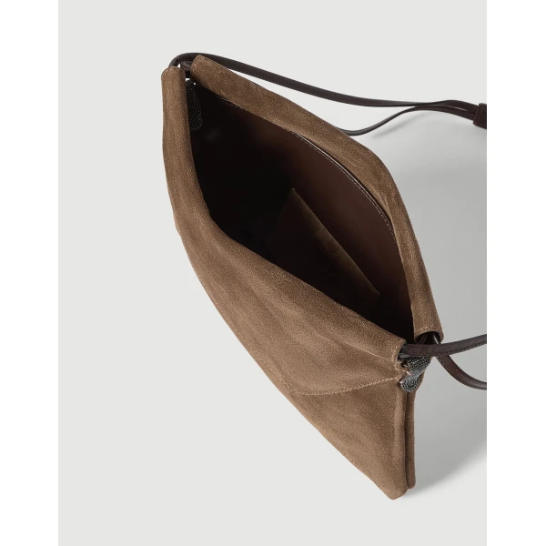 Pouch bag in suede with monili in Caramel - Image 5