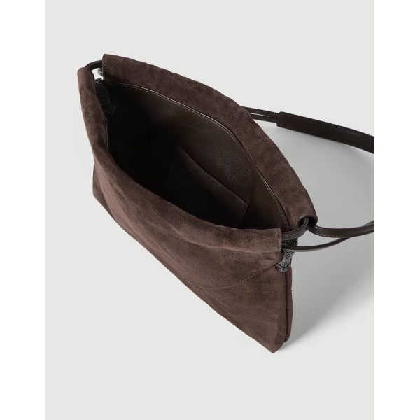 Pouch bag in suede with monili in Espresso - Image 5