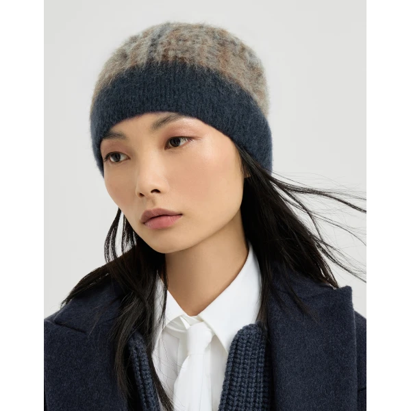 Brunello Cucinelli Prince of Wales double knit beanie in Dark Grey, view 3 | Hats | Luxury Shoes 