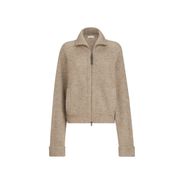 Ribbed cardigan with monili in Light Brown