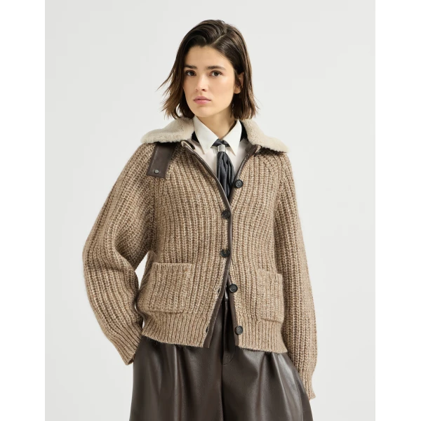 Ribbed cardigan with shearling insert in Light Brown - Image 2