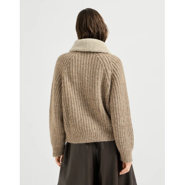 Ribbed cardigan with shearling insert in Light Brown - Image 3