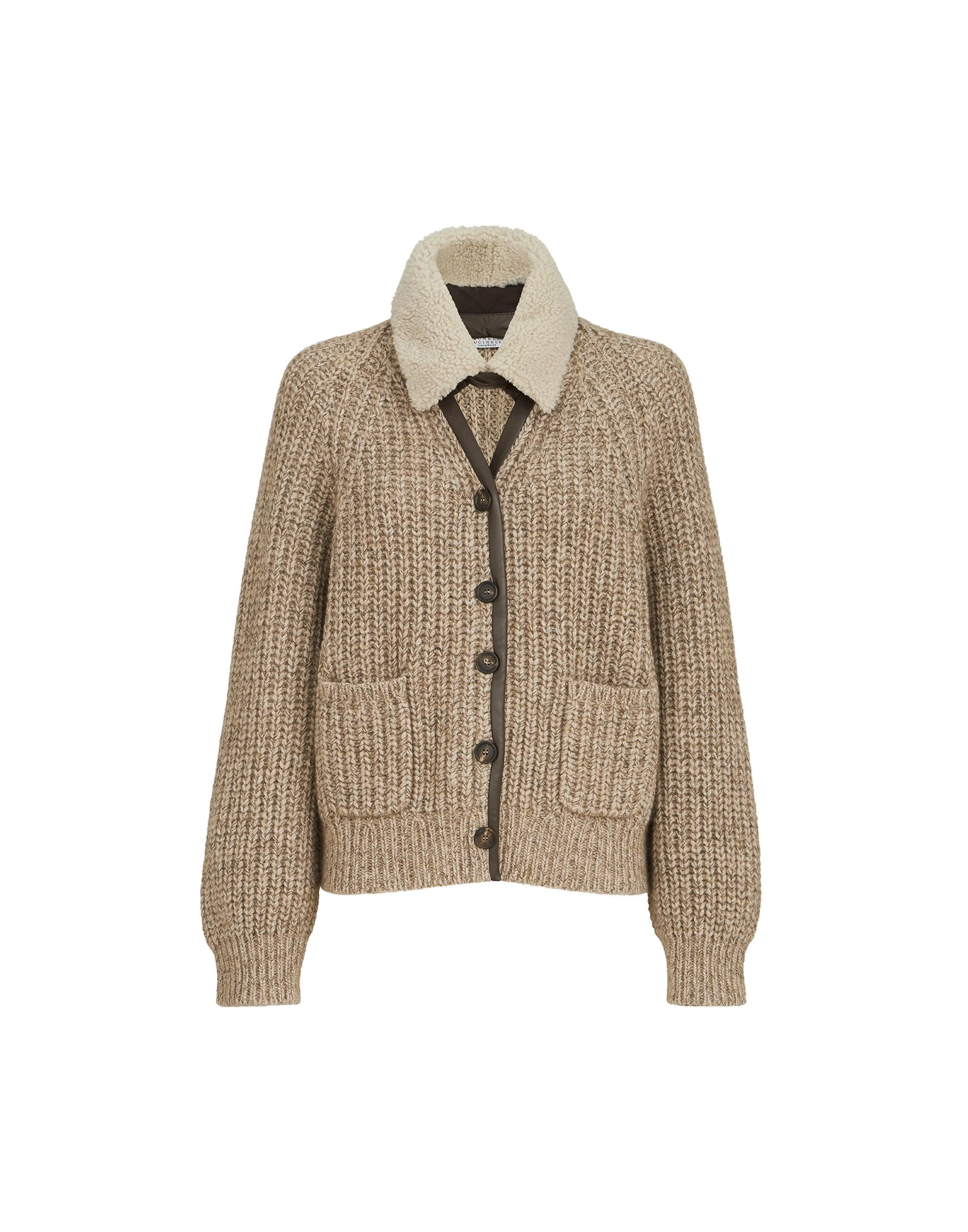 Brunello Cucinelli Ribbed cardigan with shearling insert in Light Brown | Buy Knitwear at Luxury Shoes Brunello Cucinelli Ribbed cardigan with shearling insert in Light Brown