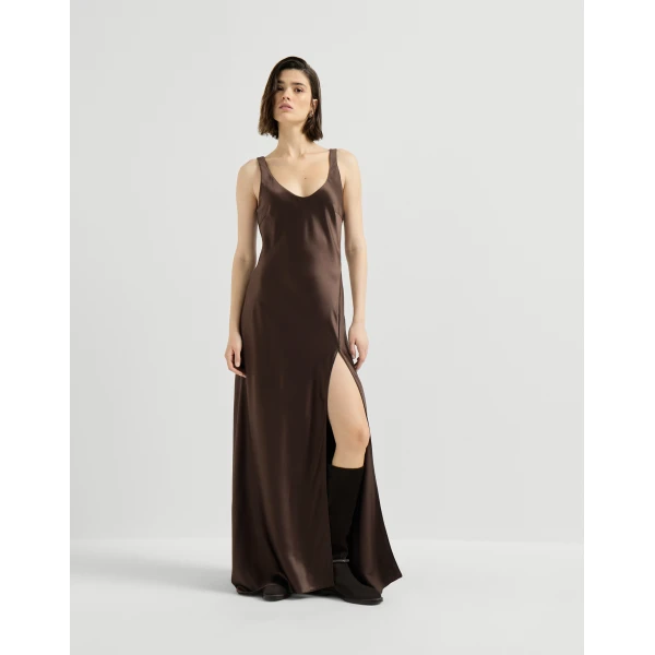 Brunello Cucinelli Satin long dress in Pine Cone Brown, view 2 | Maxi Dresses | Luxury Shoes 