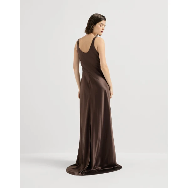 Brunello Cucinelli Satin long dress in Pine Cone Brown, view 3 | Maxi Dresses | Luxury Shoes 