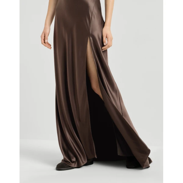 Brunello Cucinelli Satin long dress in Pine Cone Brown, view 4 | Maxi Dresses | Luxury Shoes 