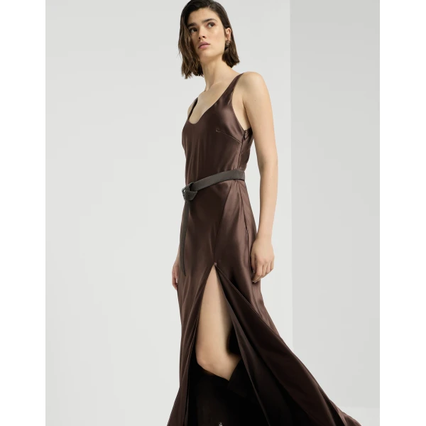 Brunello Cucinelli Satin long dress in Pine Cone Brown, view 5 | Maxi Dresses | Luxury Shoes 
