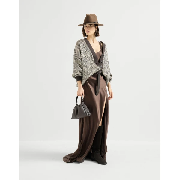 Brunello Cucinelli Satin long dress in Pine Cone Brown, view 6 | Maxi Dresses | Luxury Shoes 