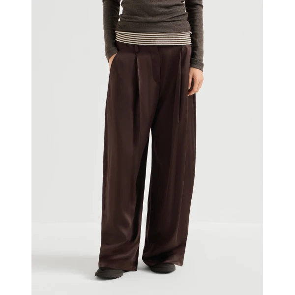 Brunello Cucinelli Satin pleated barrel trousers in Coffee, view 2 | Pants | Luxury Shoes 