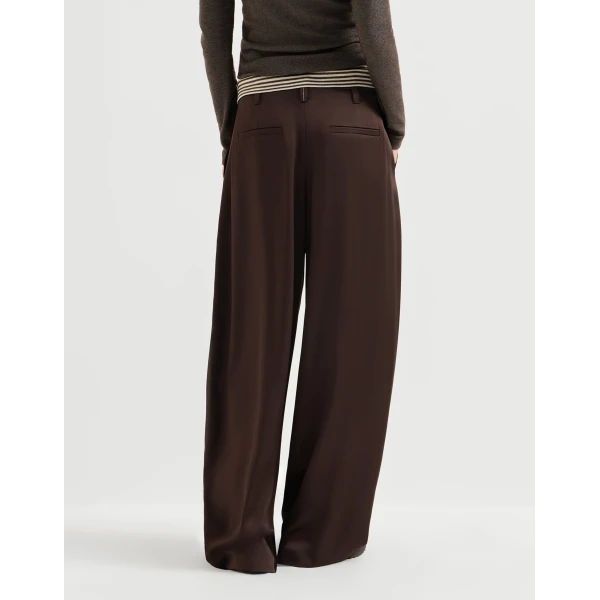 Brunello Cucinelli Satin pleated barrel trousers in Coffee, view 3 | Pants | Luxury Shoes 