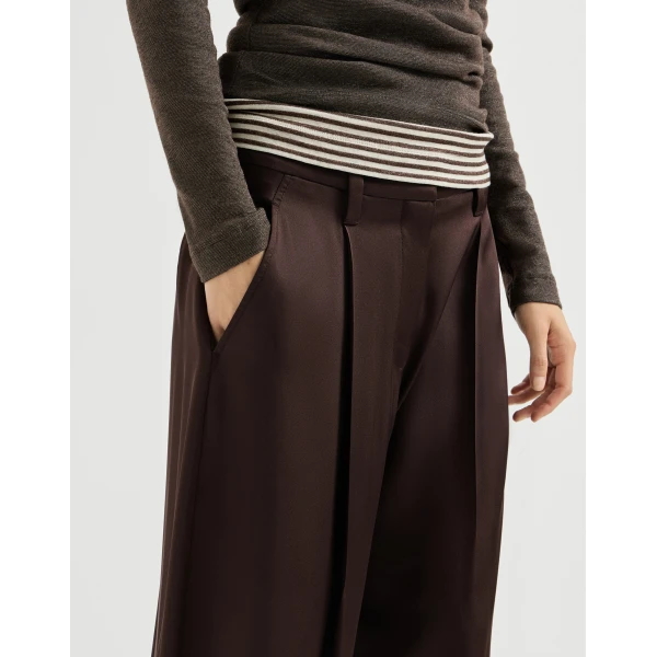 Brunello Cucinelli Satin pleated barrel trousers in Coffee, view 4 | Pants | Luxury Shoes 