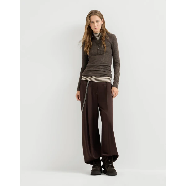 Brunello Cucinelli Satin pleated barrel trousers in Coffee, view 5 | Pants | Luxury Shoes 