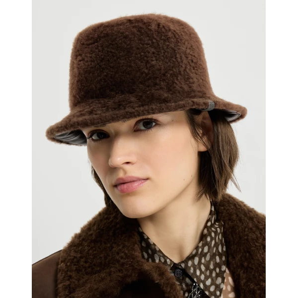 Brunello Cucinelli Shearling bucket hat in Brown Gianduia, view 3 | Hats | Luxury Shoes 