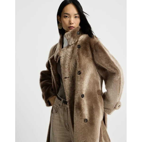 Shearling coat with belt in Light Brown - Image 5